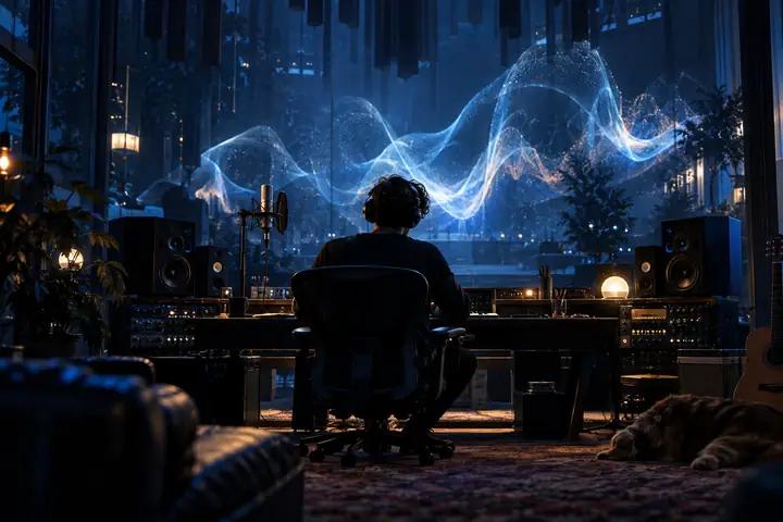 Studio sonore cinématographique éclairé d’un bleu profond, atmosphère sobre et discret sentiment d’émerveillement
