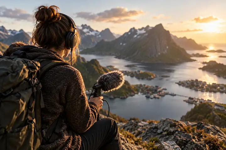 Dispositif d’enregistrement documentaire sur le terrain, lumière naturelle, textures chaleureuses et atmosphère curieuse et exploratoire